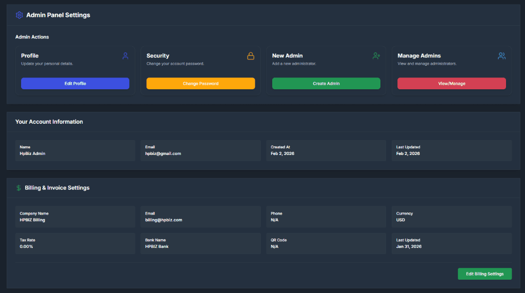 Tenant Admin Settings Panel